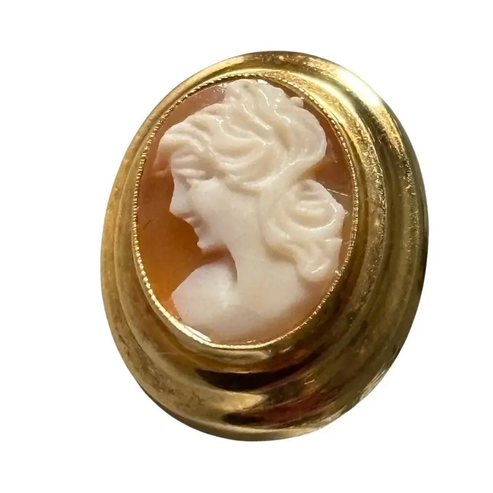 14k Yellow Gold Oval Carved Shell Italian Lady Head Cameo Earrings 4.0 Gram Vtg